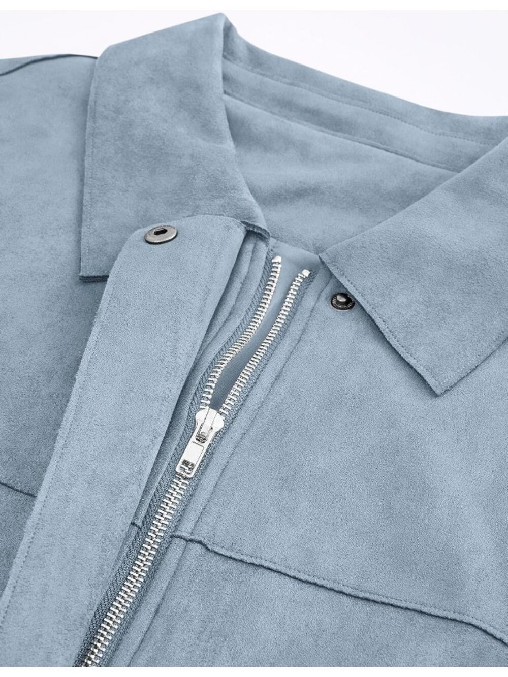 Womens Light Blue Faux Suede Fall Zip Up Oversized Casual Shacket Cropped Jacket - Picture 6 of 6